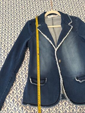 Dark Blue Denim Frayed-Trim Blazer